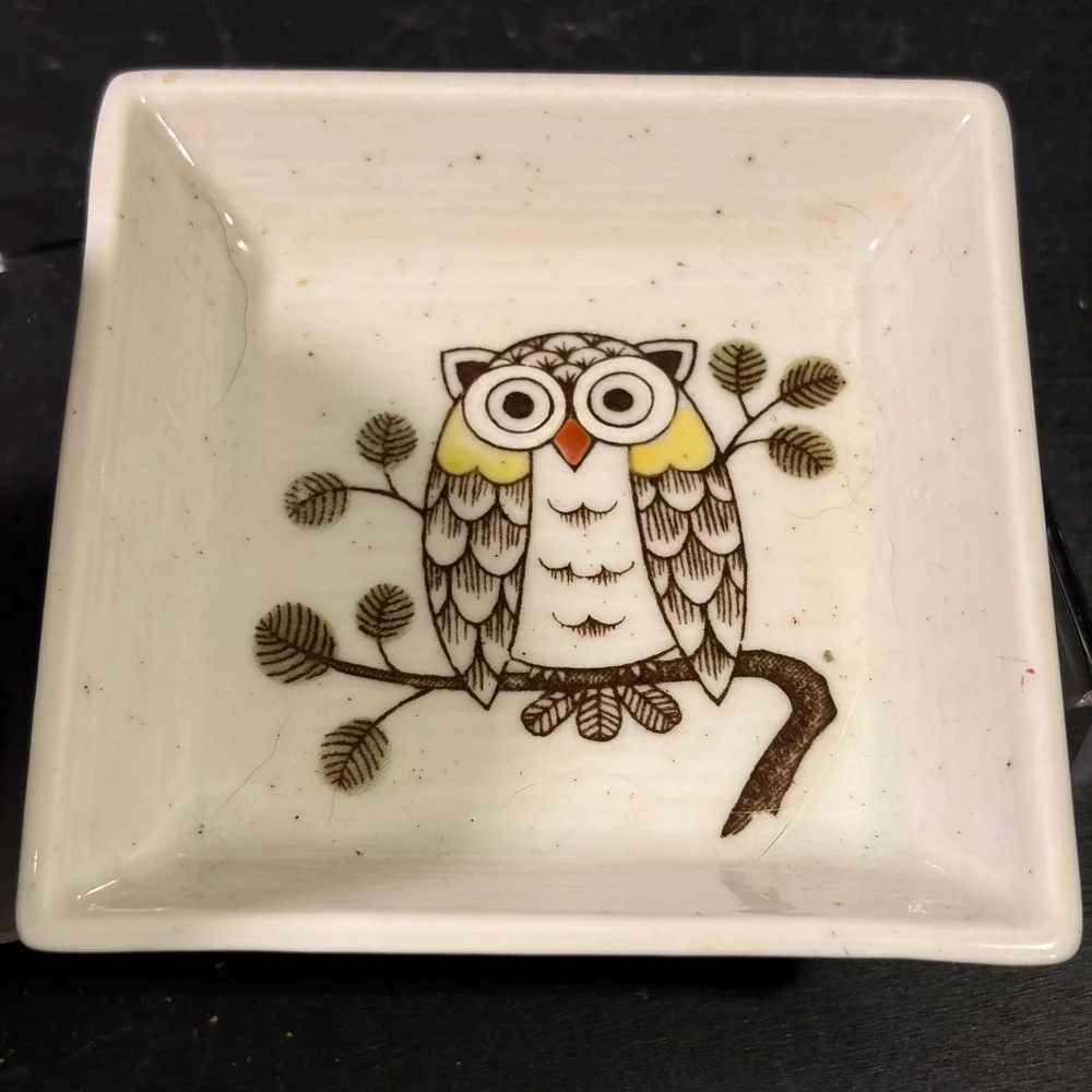Vintage Speckled Ceramic Owl Tea Cup and Square Saucer Set Cream Brown